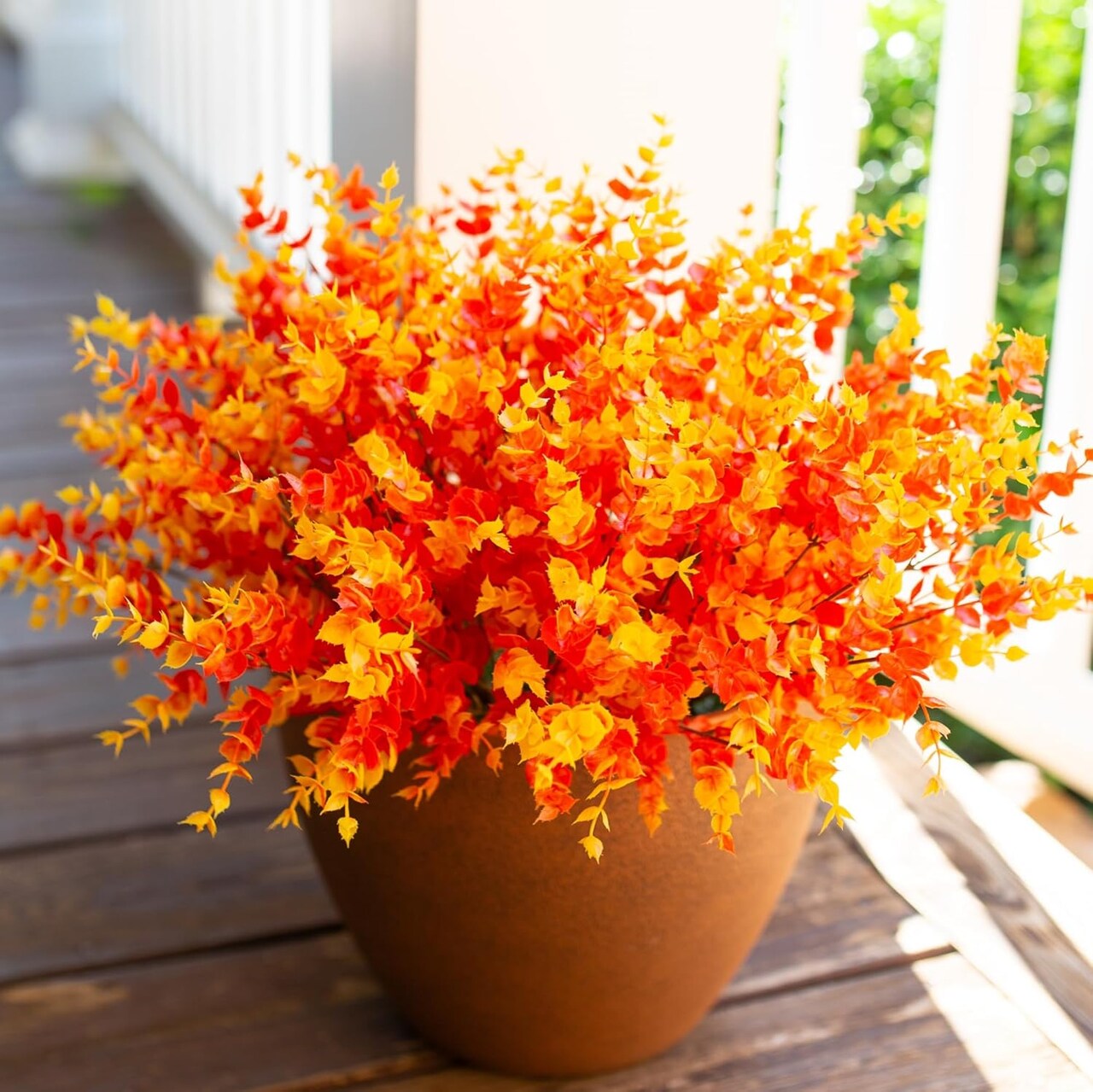 12PCS Artificial Fall Eucalyptus Plants – UV-Resistant Faux Orange Boxwood Bundles for Outdoor & Indoor Porch, Patio, Garden, Planter Décor (Orange Eucalyptus)